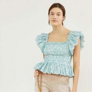 Love The Label | Women’s Turquoise Blue Smocked Ruffle Crop Top Butterfly Sleeve
